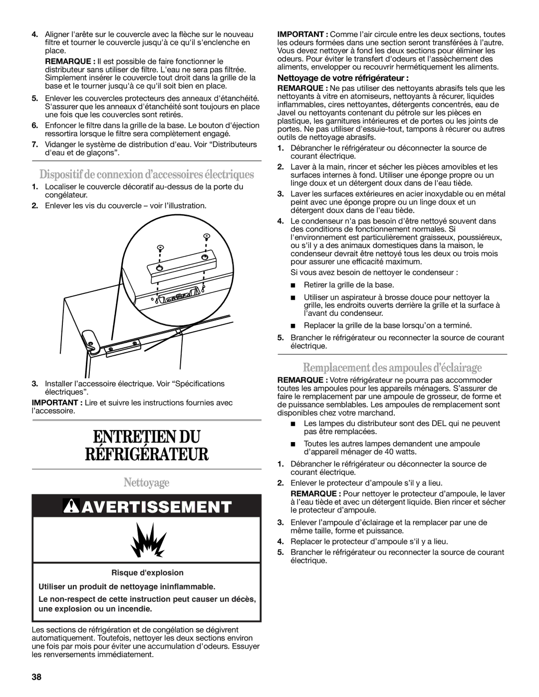 Whirlpool W10134555A warranty Entretien DU Réfrigérateur, Nettoyage, Remplacement des ampoules d’éclairage 