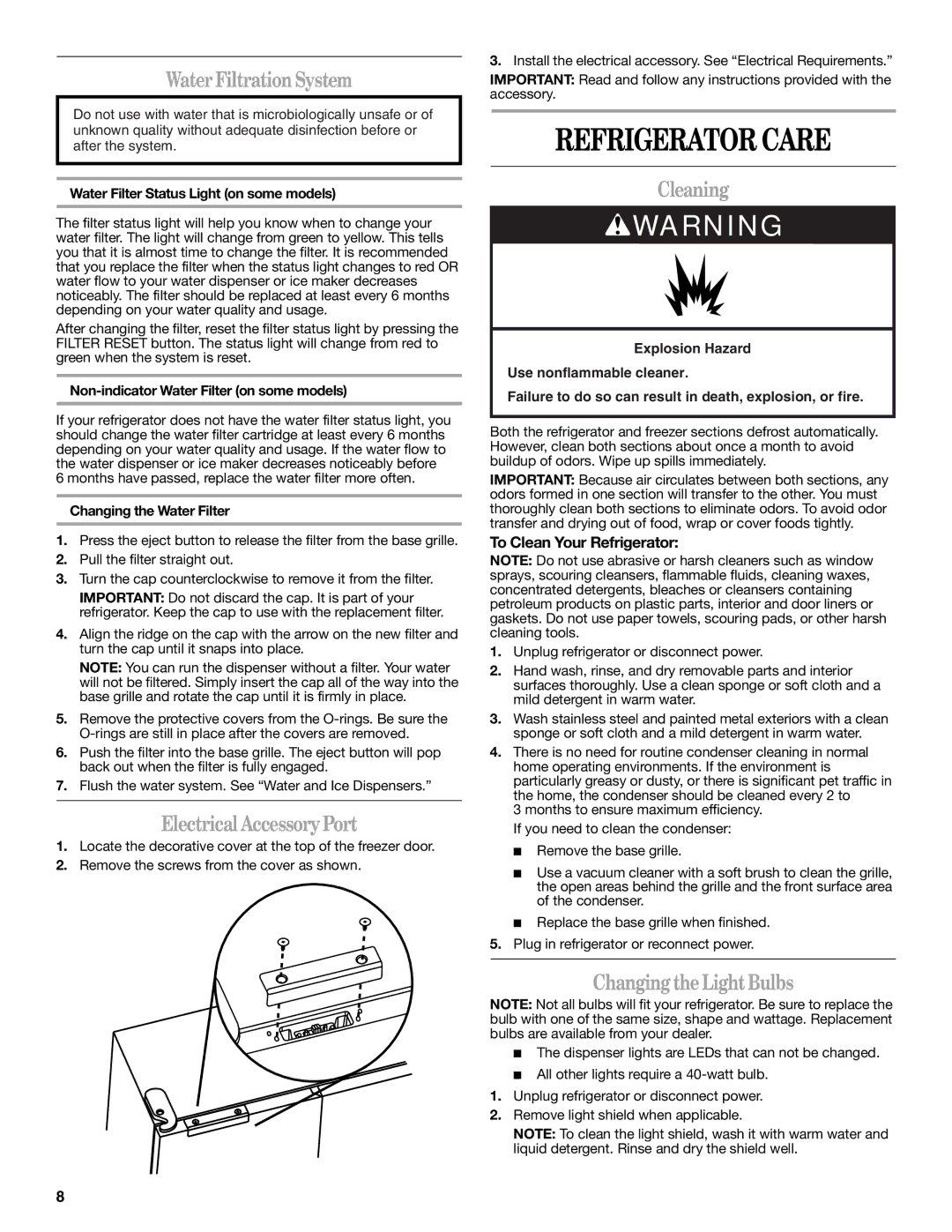 Whirlpool W10134555A warranty Refrigerator Care, Water Filtration System, Electrical Accessory Port, Cleaning 