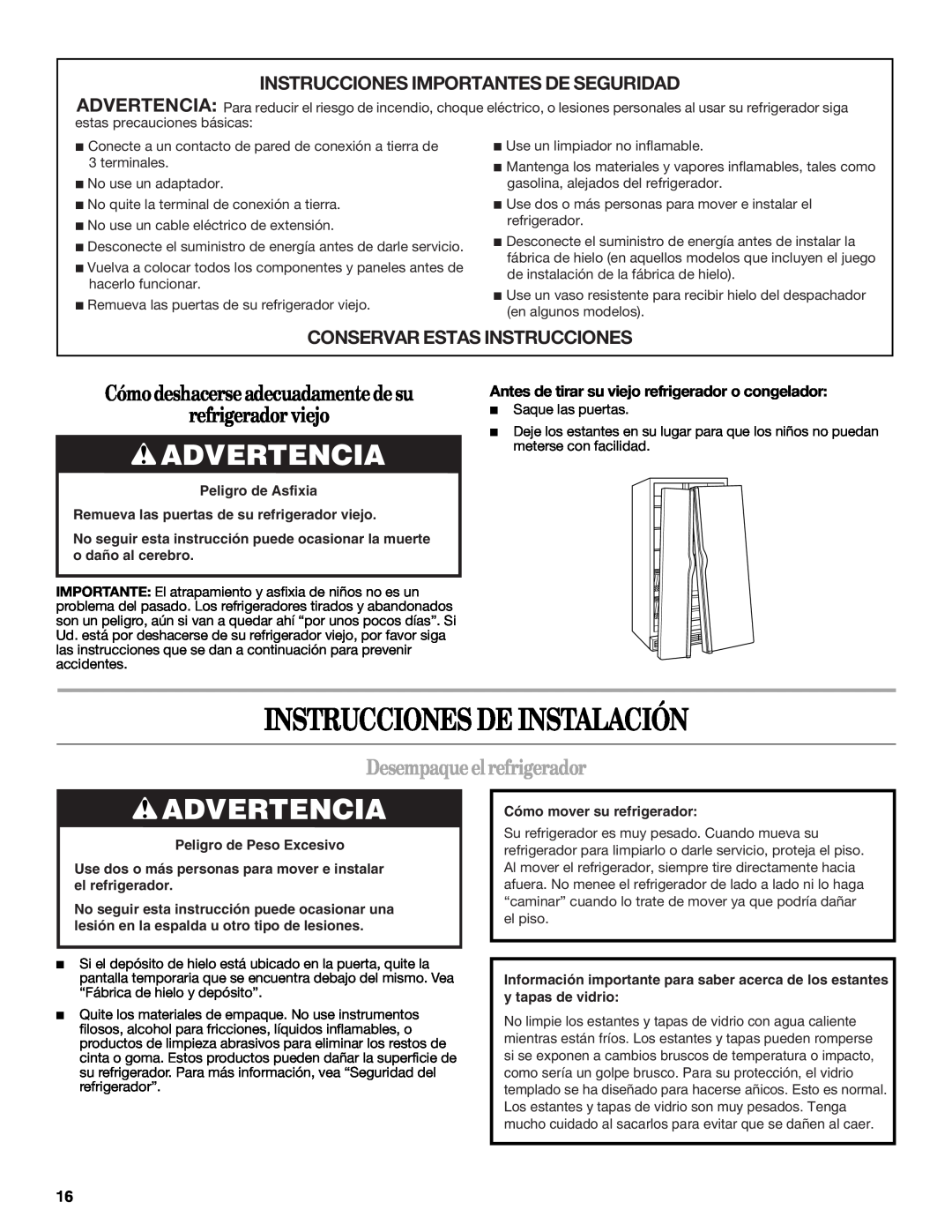 Whirlpool W10134555A Instrucciones De Instalación, Advertencia, Cómo deshacerse adecuadamente de su refrigerador viejo 