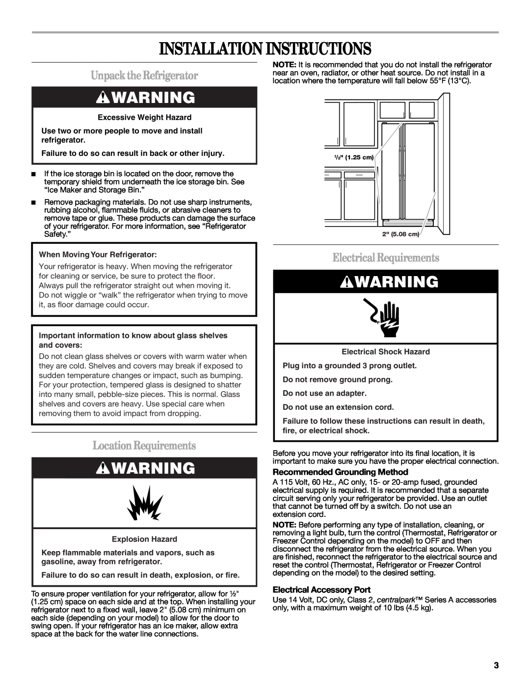 Whirlpool W10134555A Installation Instructions, Unpack the Refrigerator, LocationRequirements, Electrical Requirements 