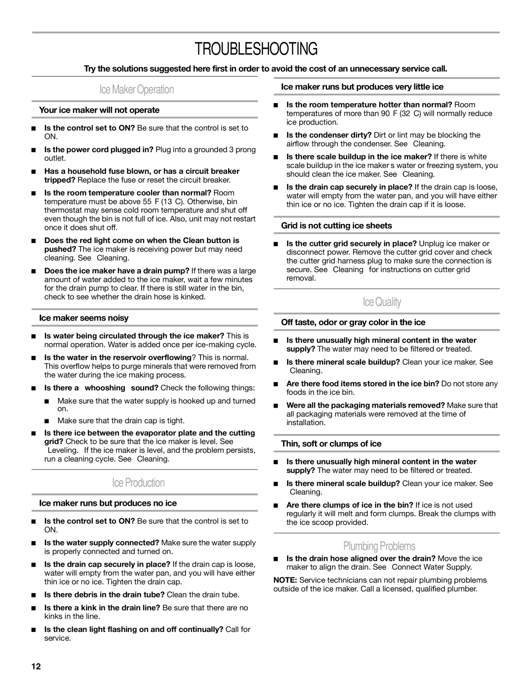 Whirlpool W10136155B manual Troubleshooting, Ice Maker Operation, Ice Quality, Ice Production, Plumbing Problems 