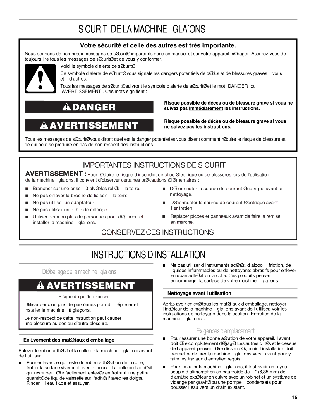 Whirlpool W10136155B Sécurité DE LA Machine À Glaçons, Instructions D’INSTALLATION, Déballage de la machine à glaçons 