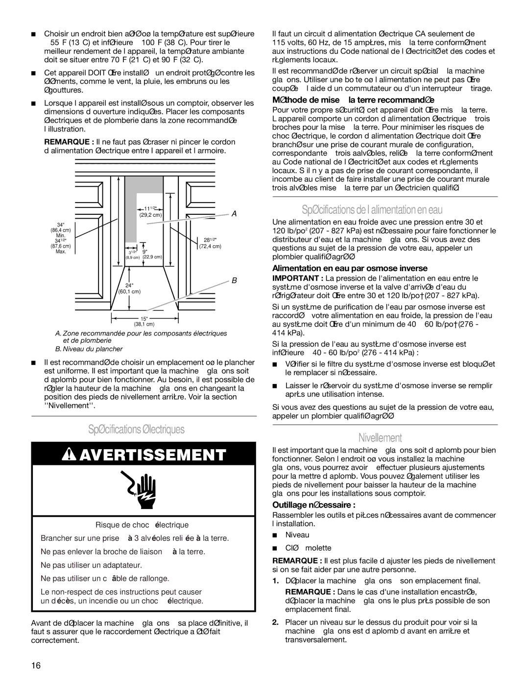 Whirlpool W10136155B manual Spécifications électriques, Spécifications de l’alimentation en eau, Nivellement 