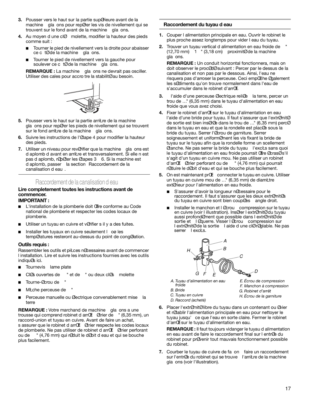 Whirlpool W10136155B manual Raccordement de la canalisation d’eau, Raccordement du tuyau d’eau, Outils requis 