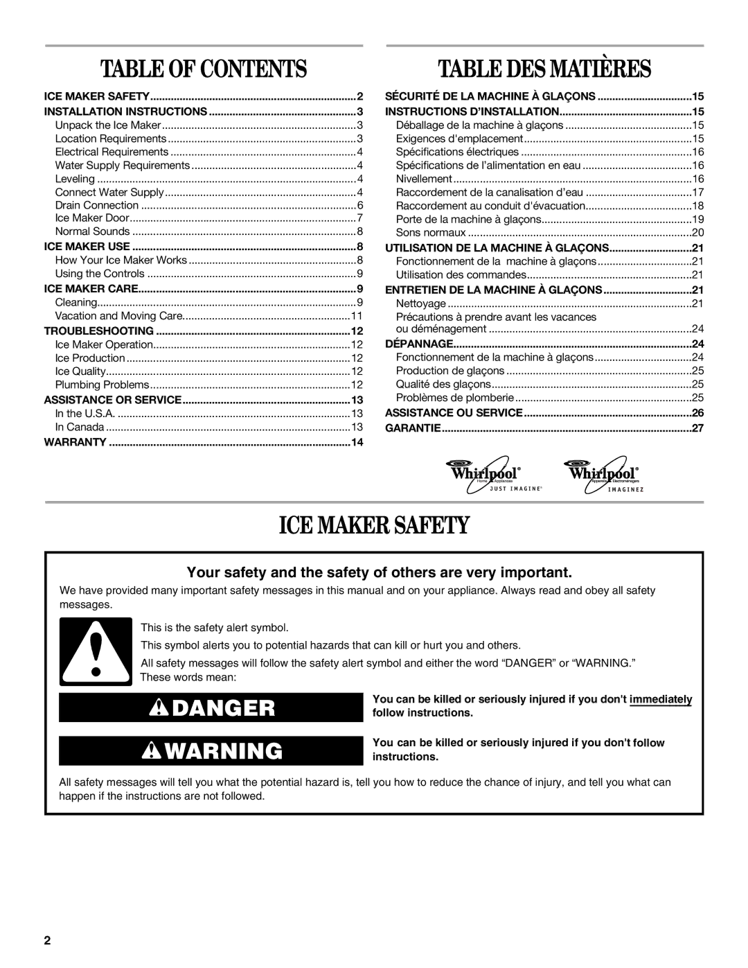 Whirlpool W10136155B manual ICE Maker Safety, Table of Contents 