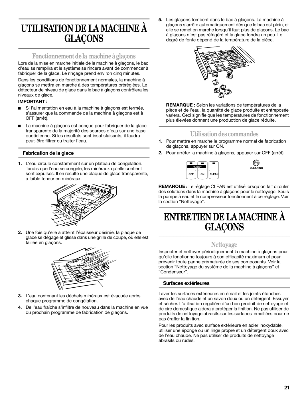 Whirlpool W10136155B manual Glaçons, Fonctionnement de la machine à glaçons, Utilisation des commandes, Nettoyage 