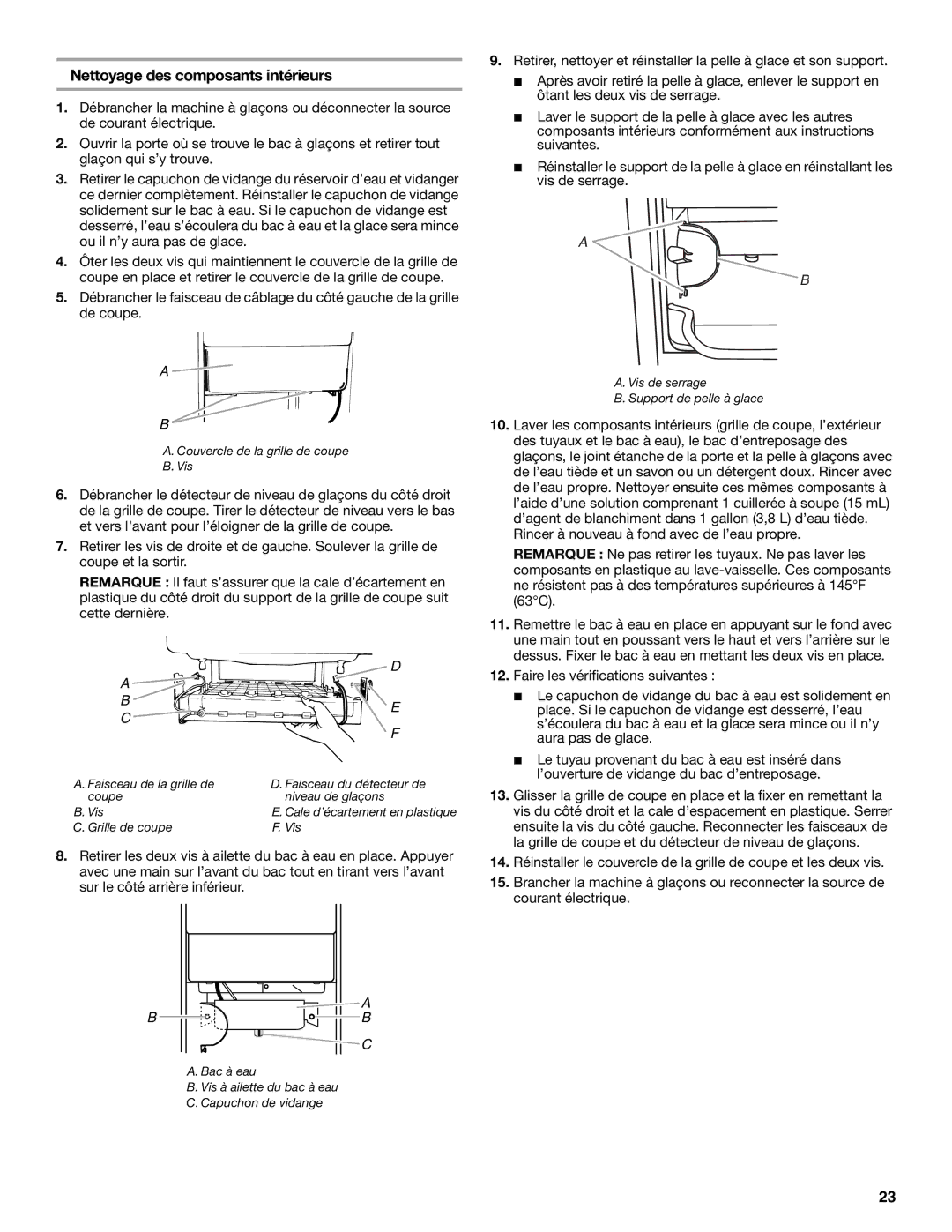 Whirlpool W10136155B manual Nettoyage des composants intérieurs, Vis de serrage Support de pelle à glace 