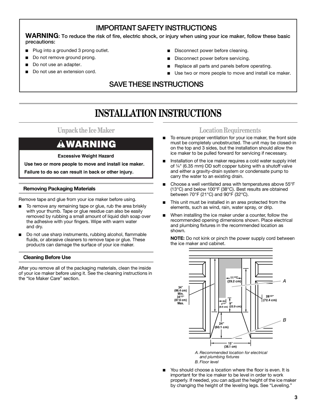 Whirlpool W10136155B Installation Instructions, Unpack the Ice Maker, Location Requirements, Removing Packaging Materials 