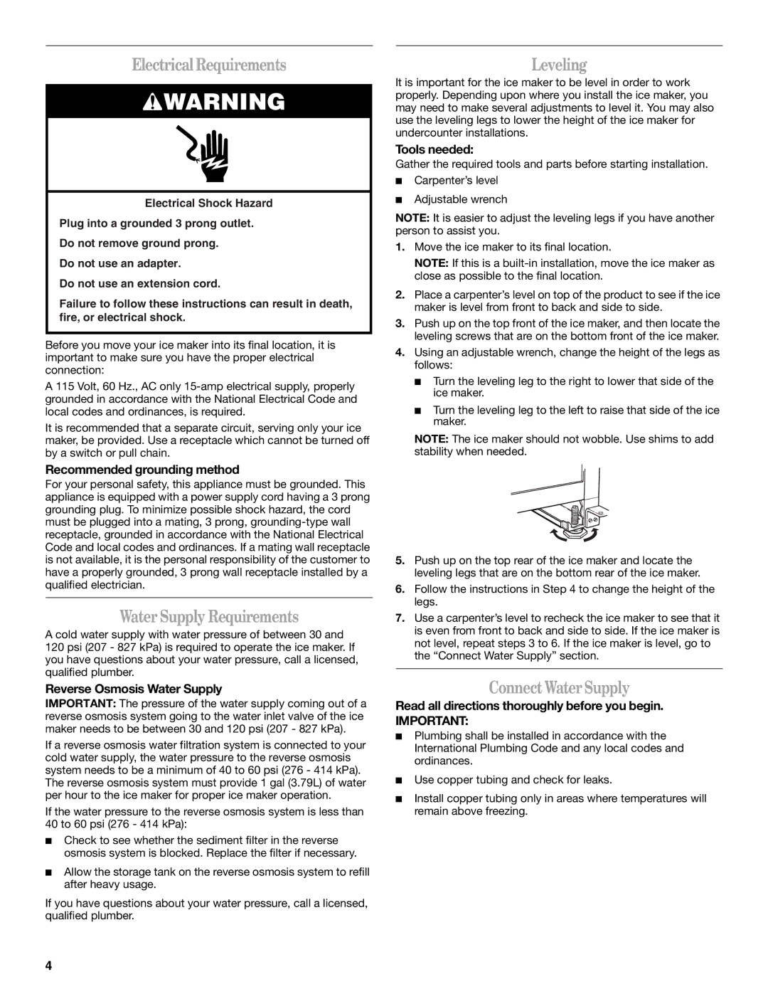 Whirlpool W10136155B manual Electrical Requirements, Water Supply Requirements, Leveling, Connect Water Supply 