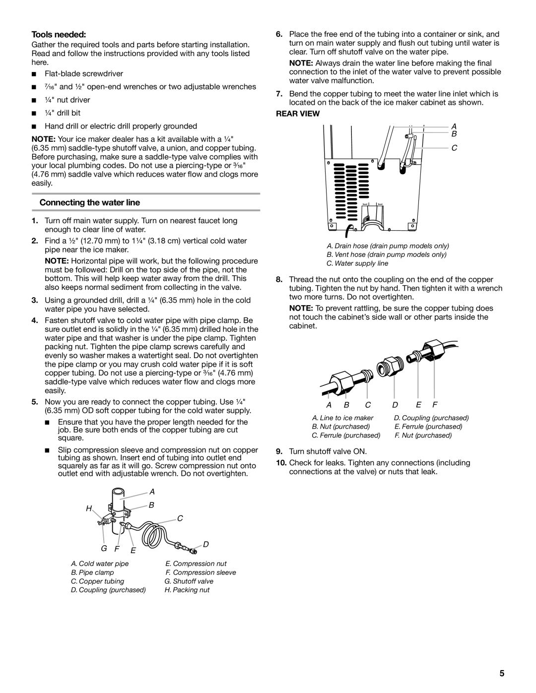 Whirlpool W10136155B manual Connecting the water line, Rear View 