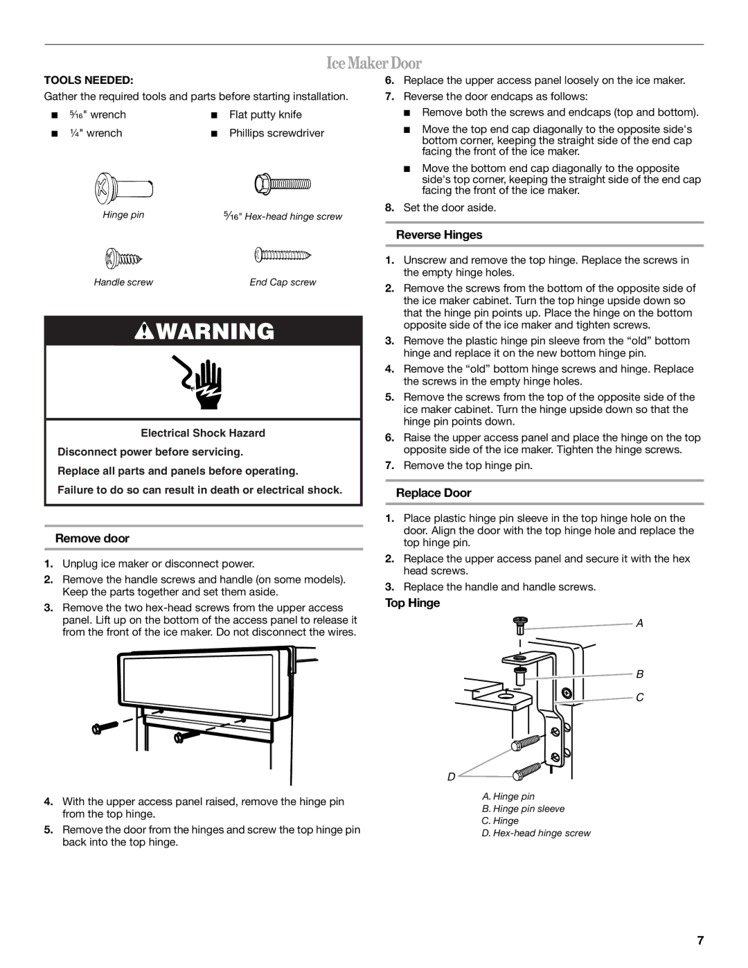 Whirlpool W10136155B manual Ice Maker Door, Remove door, Reverse Hinges, Replace Door, Top Hinge 