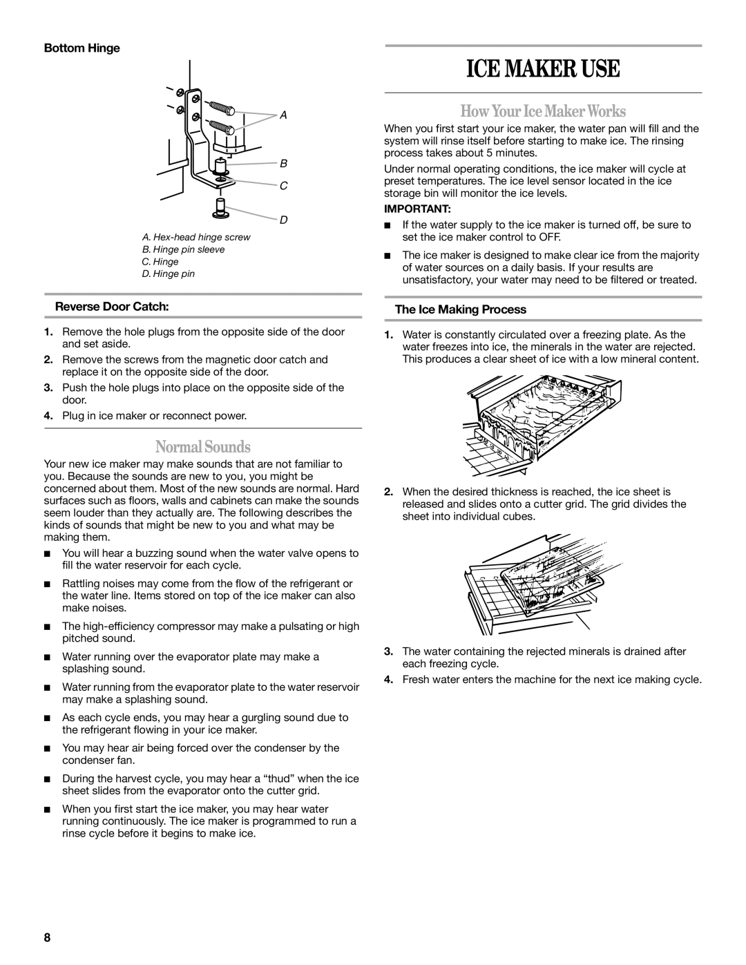 Whirlpool W10136155B manual Normal Sounds, Bottom Hinge, Reverse Door Catch, Ice Making Process 