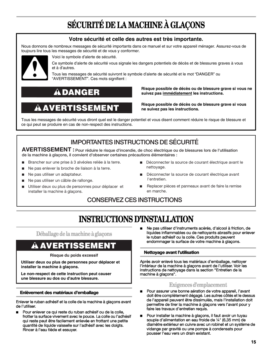 Whirlpool W10136155B manual Sécurité De La Machine À Glaçons, Instructions D’Installation, Danger Avertissement 