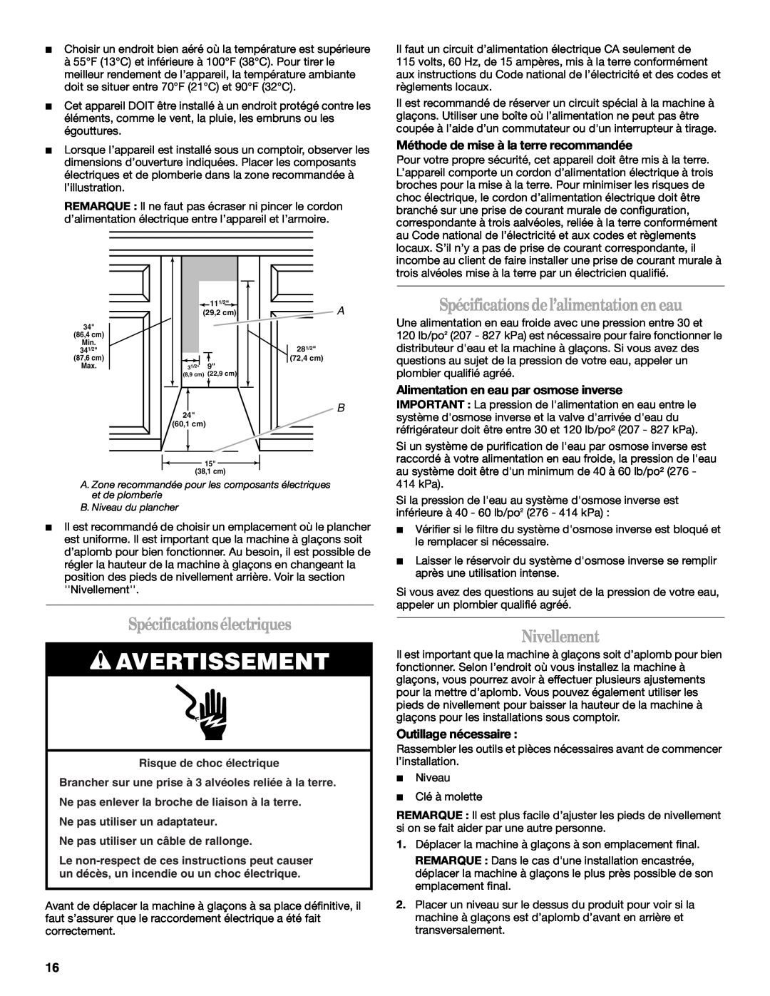 Whirlpool W10136155B manual Spécifications électriques, Spécifications de l’alimentation en eau, Nivellement, Avertissement 