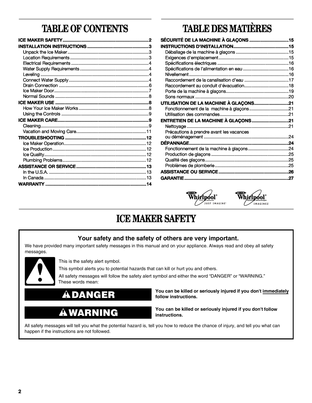 Whirlpool W10136155B Ice Maker Safety, Table Of Contents, Danger, Your safety and the safety of others are very important 