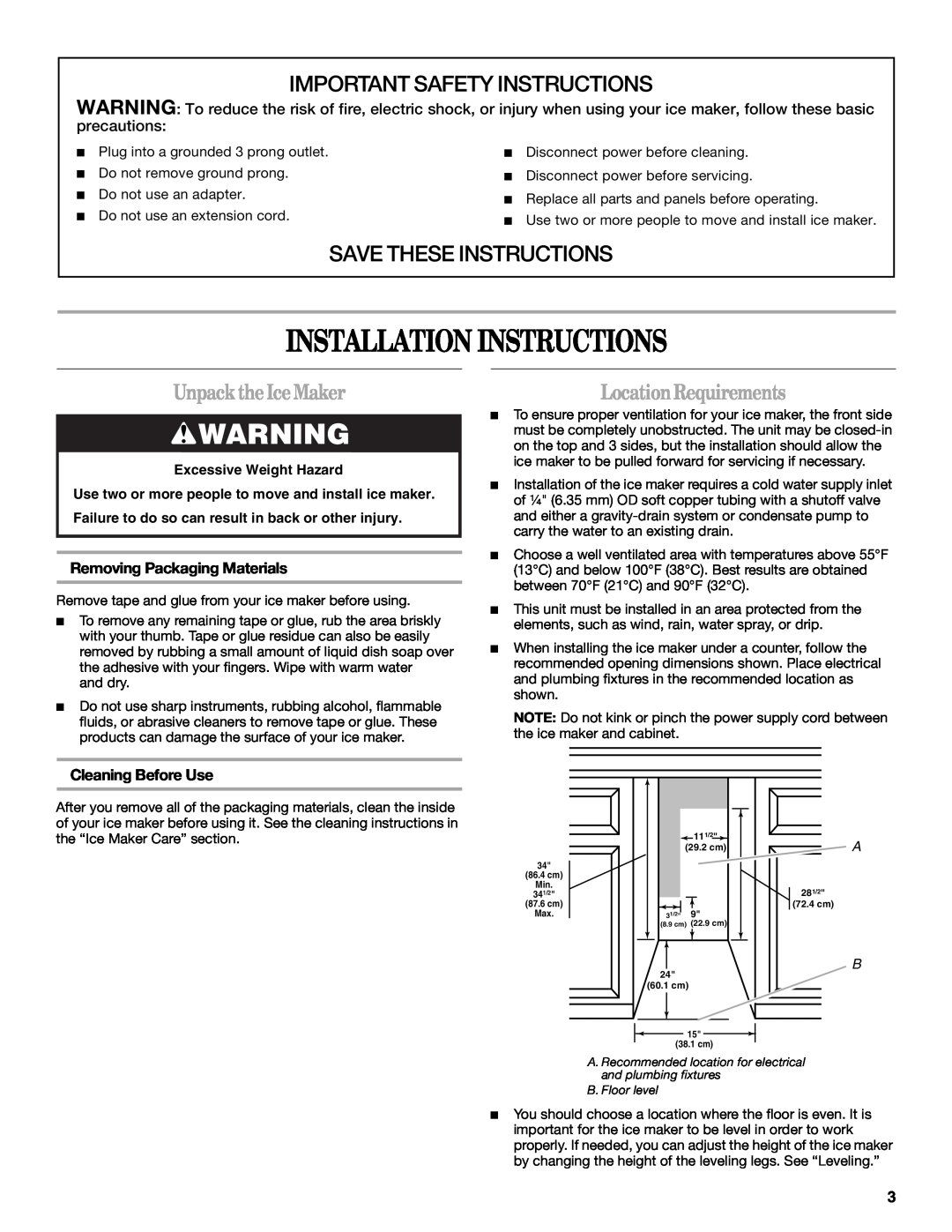 Whirlpool W10136155B manual Installation Instructions, Important Safety Instructions, Save These Instructions, precautions 