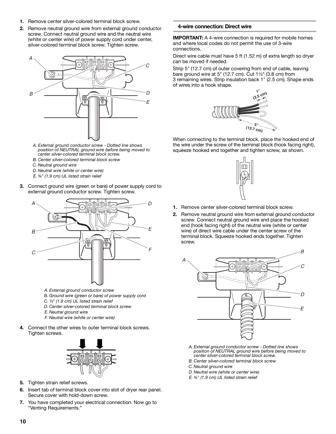 Whirlpool W10136968C manual Wire connection Direct wire, Remove center silver-colored terminal block screw 