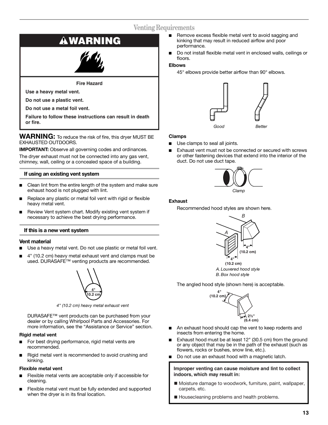 Whirlpool W10136968C VentingRequirements, If using an existing vent system, If this is a new vent system Vent material 