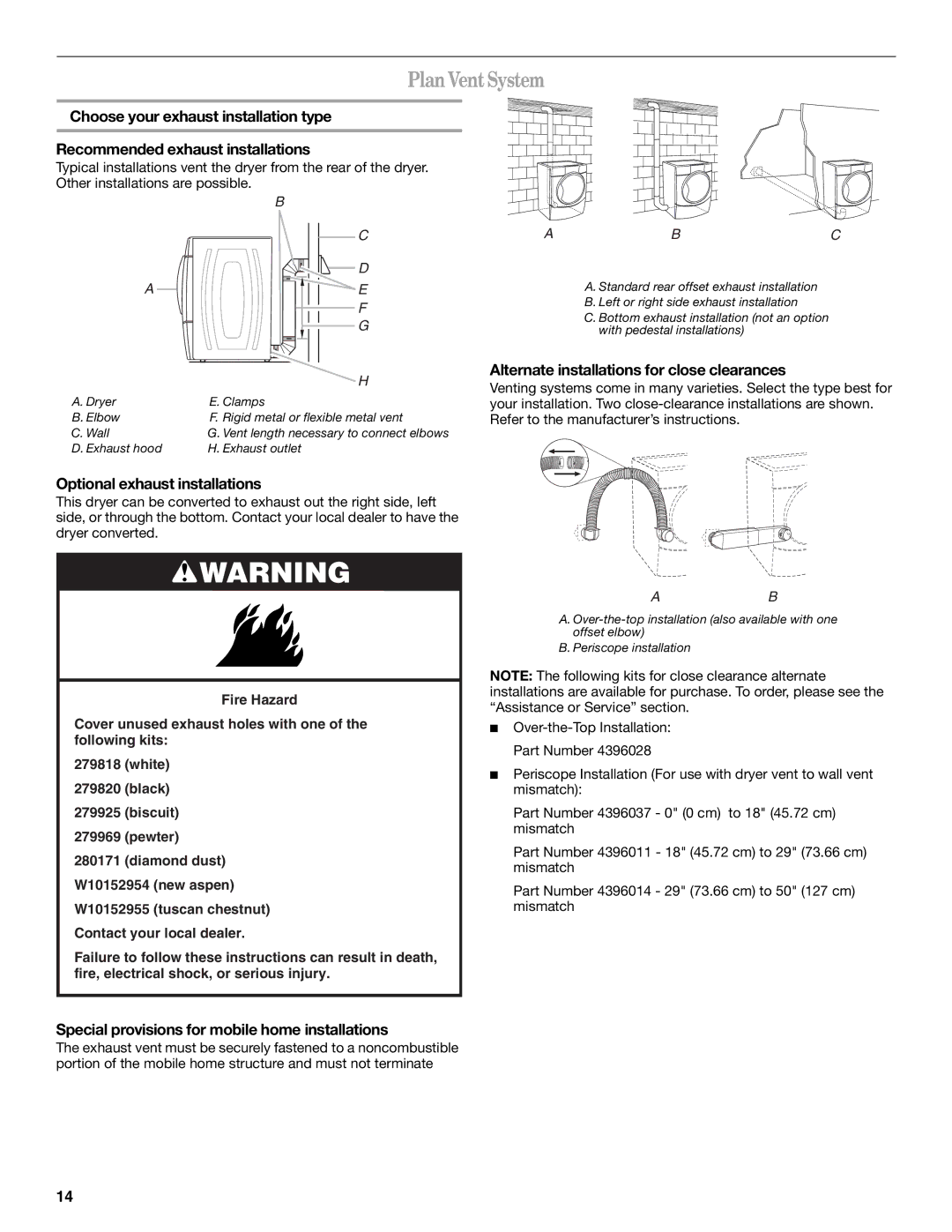 Whirlpool W10136968C manual PlanVentSystem, Optional exhaust installations, Alternate installations for close clearances 