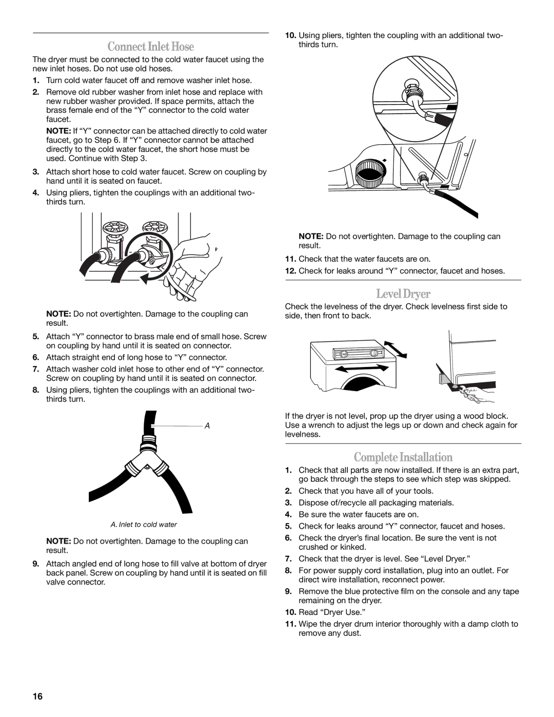 Whirlpool W10136968C manual ConnectInletHose, LevelDryer, CompleteInstallation 