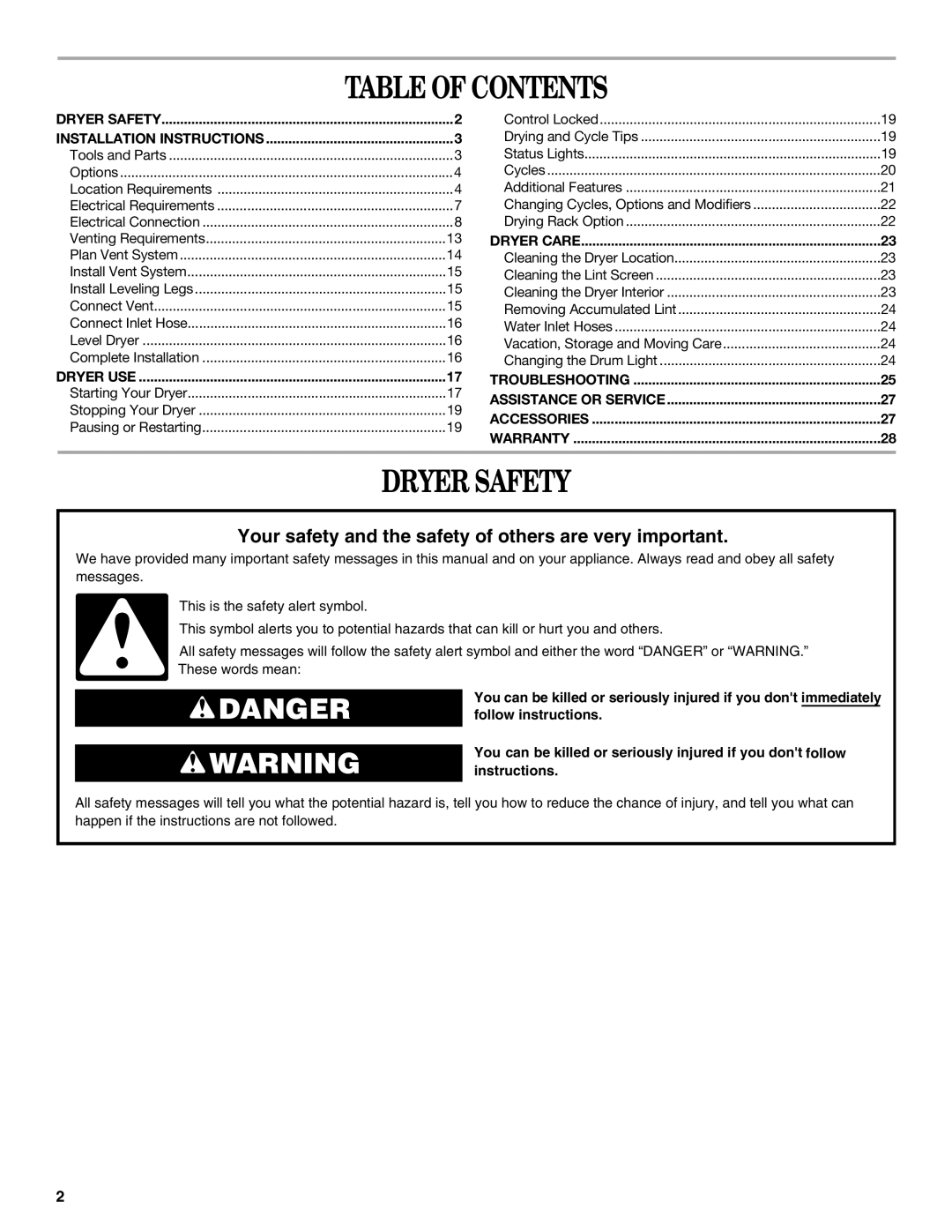 Whirlpool W10136968C manual Table of Contents, Dryer Safety 