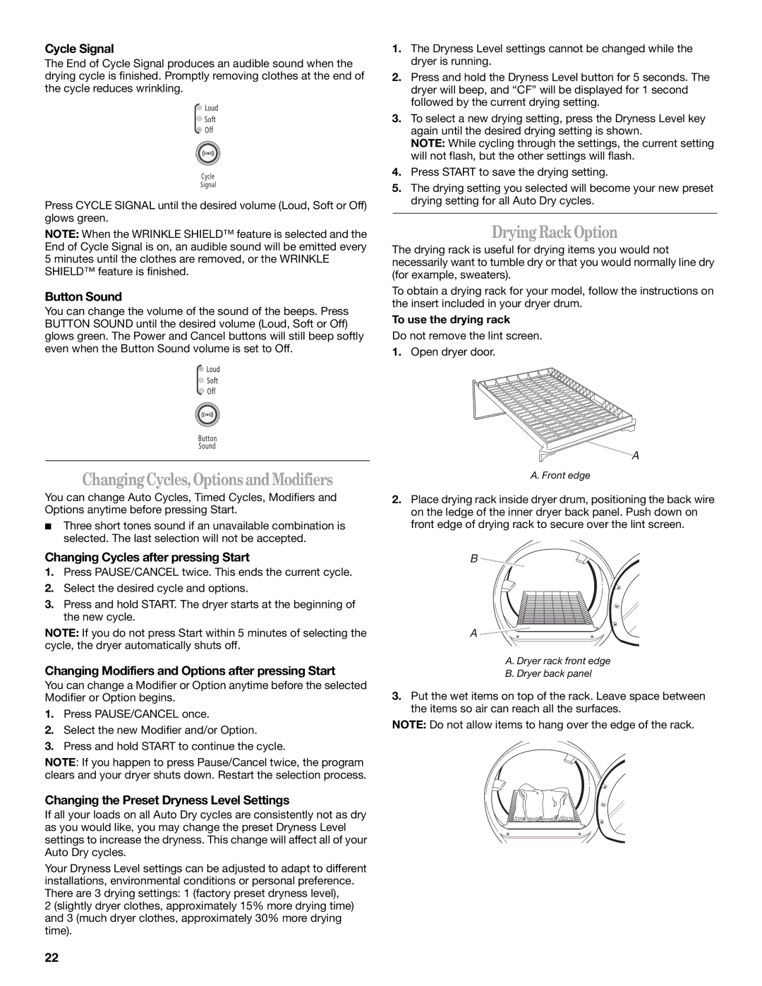 Whirlpool W10136968C manual ChangingCycles,Options andModifiers, DryingRackOption 