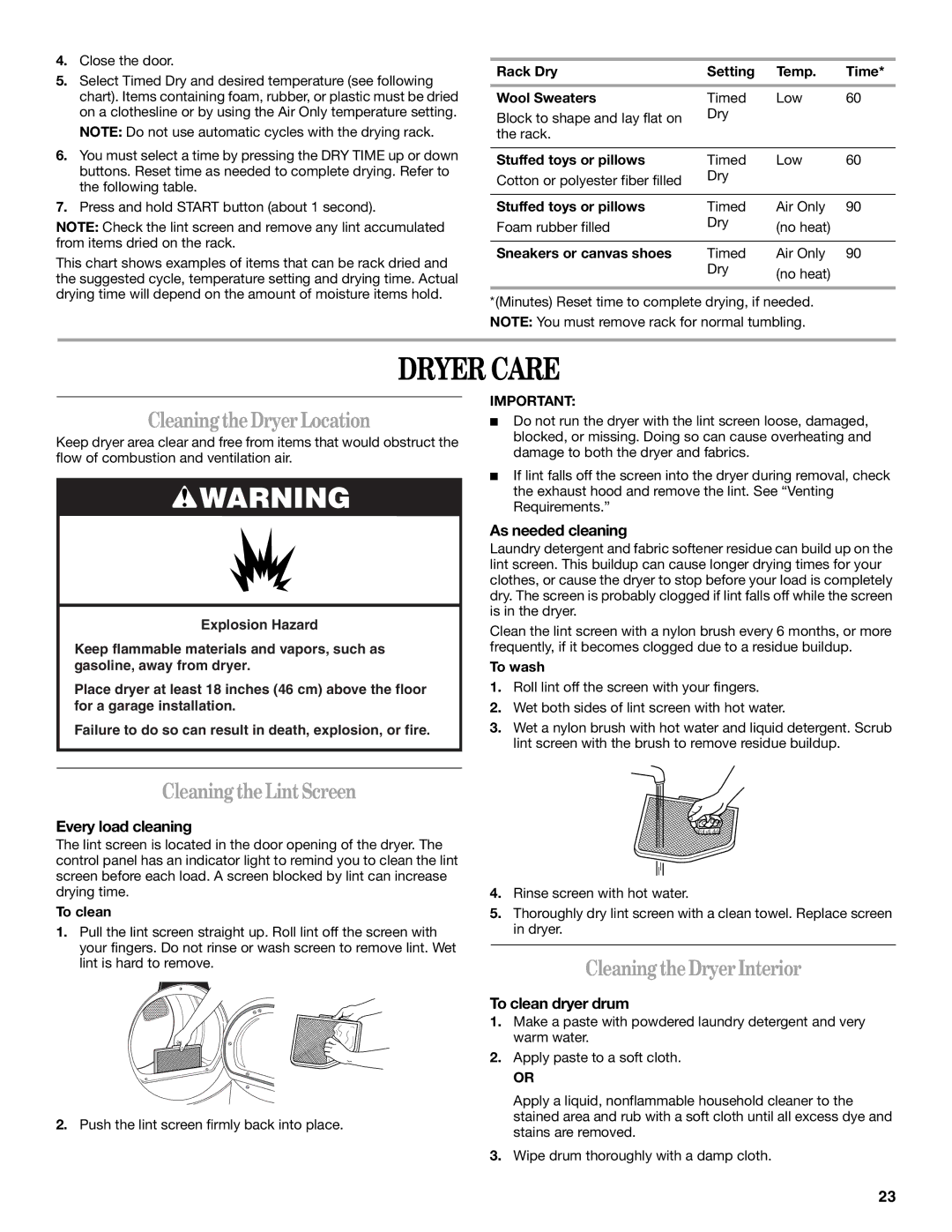 Whirlpool W10136968C manual Dryer Care, CleaningtheDryer Location, CleaningtheLintScreen, CleaningtheDryerInterior 