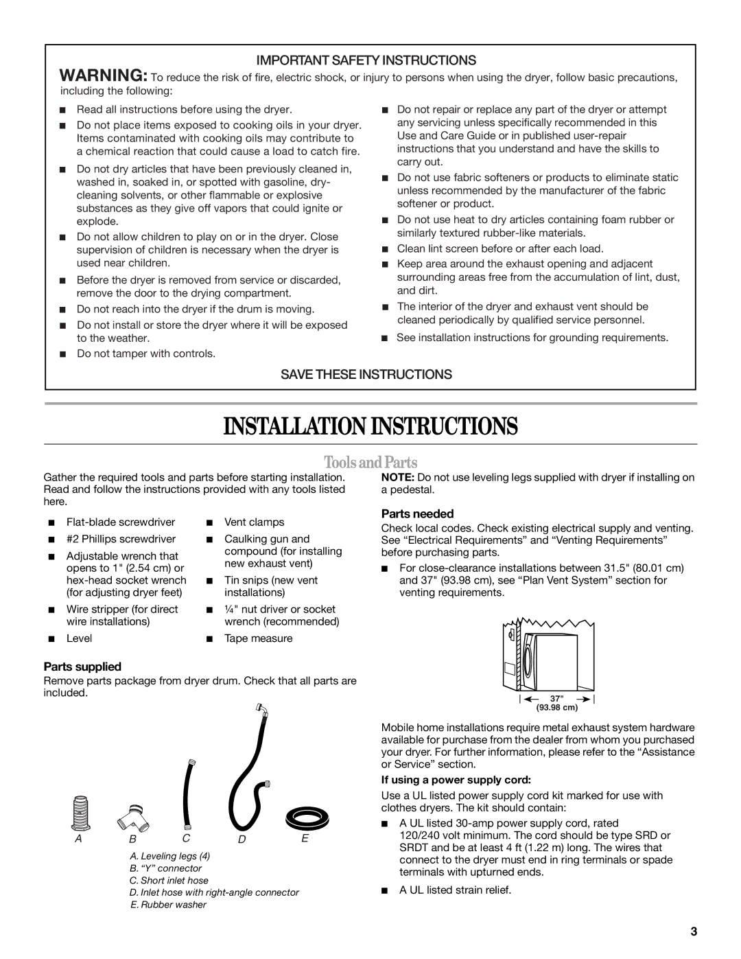 Whirlpool W10136968C Installation Instructions, Tools andParts, Parts needed, Parts supplied, If using a power supply cord 