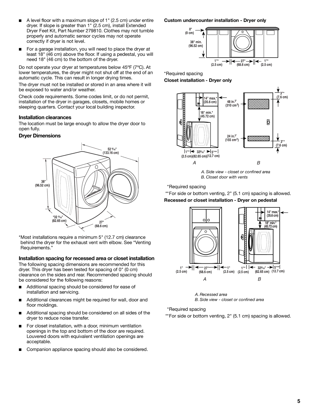 Whirlpool W10136968C manual Installation clearances, Dryer Dimensions, Custom undercounter installation Dryer only 