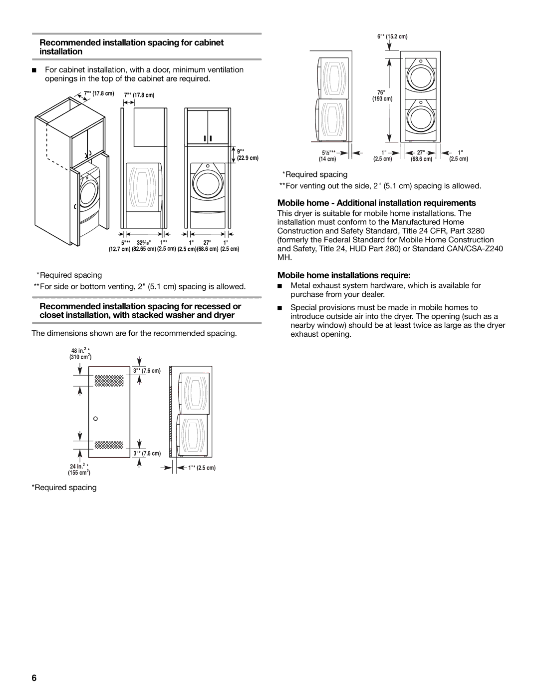 Whirlpool W10136968C manual Recommended installation spacing for cabinet installation, Mobile home installations require 