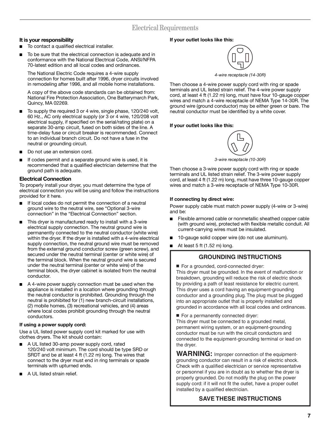 Whirlpool W10136968C manual ElectricalRequirements, It is your responsibility, Electrical Connection 