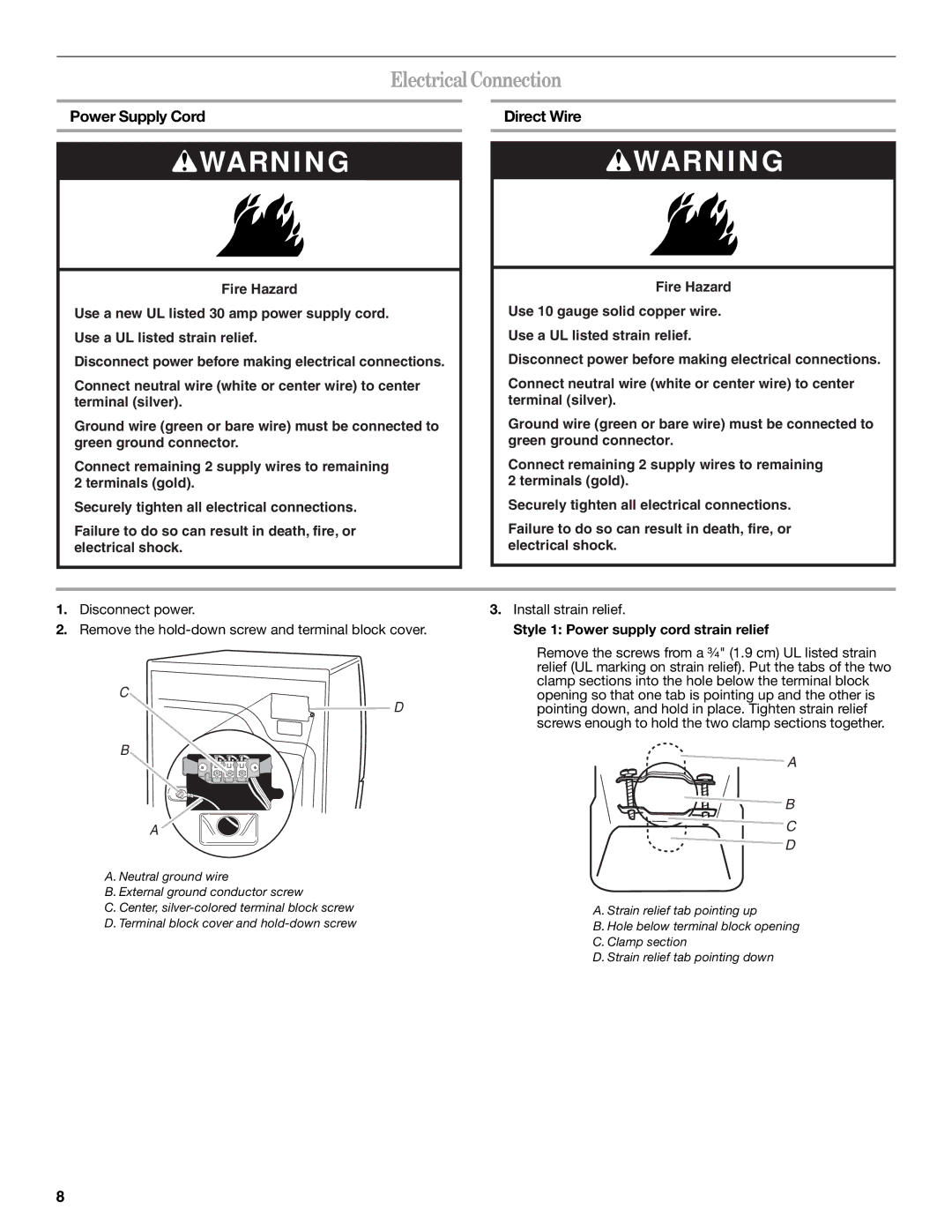 Whirlpool W10136968C manual Electrical Connection, Power Supply Cord Direct Wire, Style 1 Power supply cord strain relief 