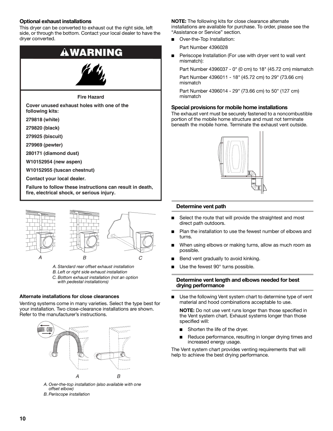 Whirlpool W10136970C Optional exhaust installations, Special provisions for mobile home installations, Determine vent path 