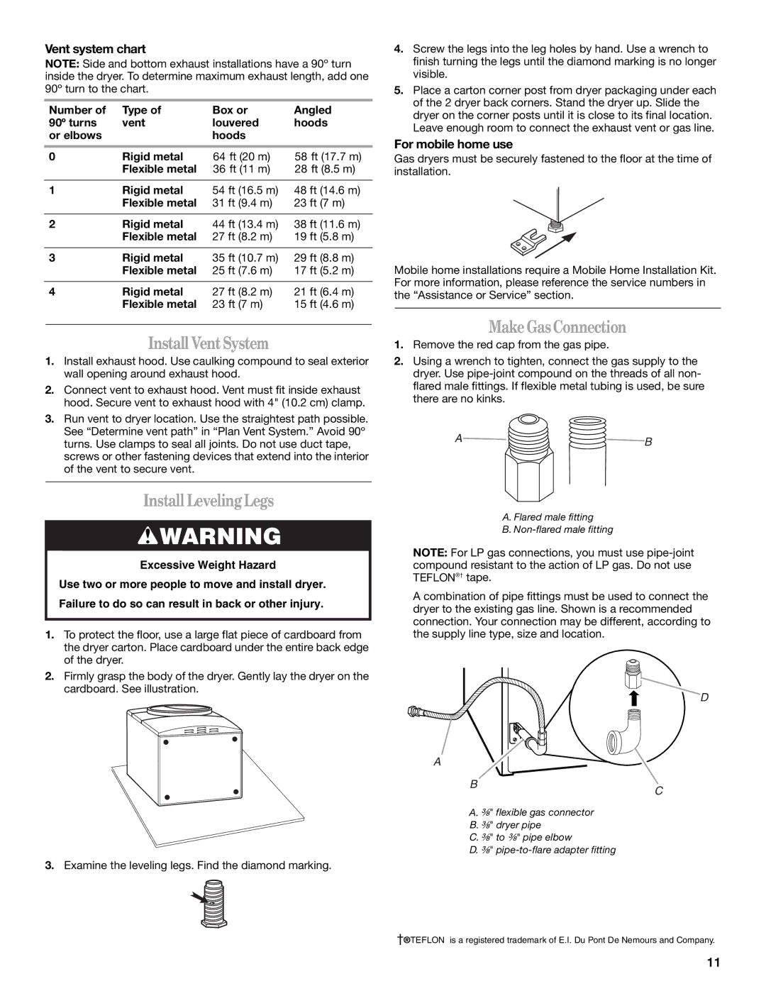 Whirlpool W10136970C Install VentSystem, MakeGasConnection, Install LevelingLegs, Vent system chart, For mobile home use 