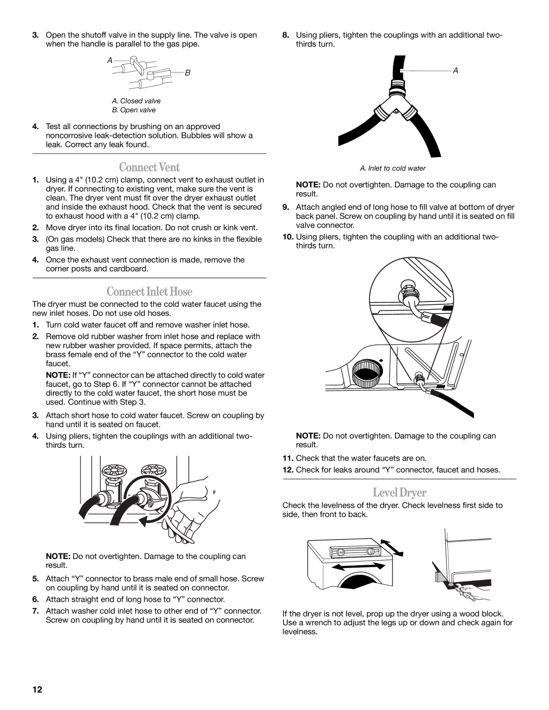 Whirlpool W10136970C manual ConnectVent, ConnectInletHose, LevelDryer 