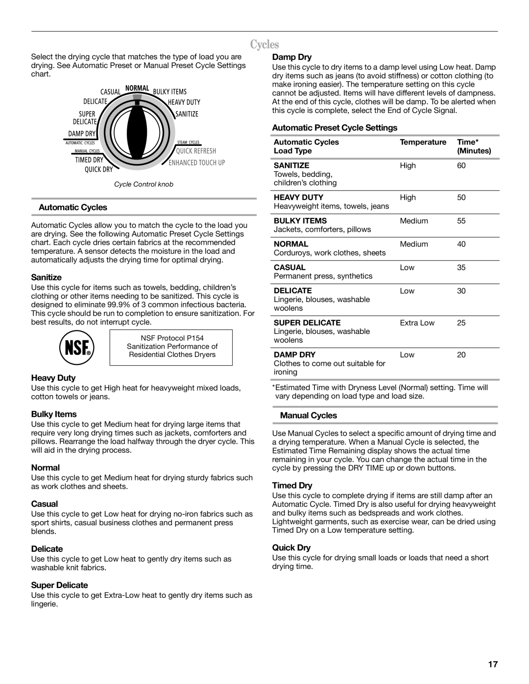 Whirlpool W10136970C manual Cycles 