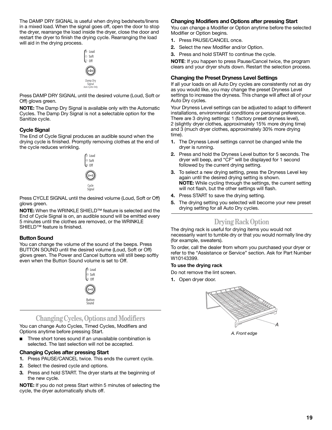 Whirlpool W10136970C manual DryingRackOption, ChangingCycles,Options andModifiers 