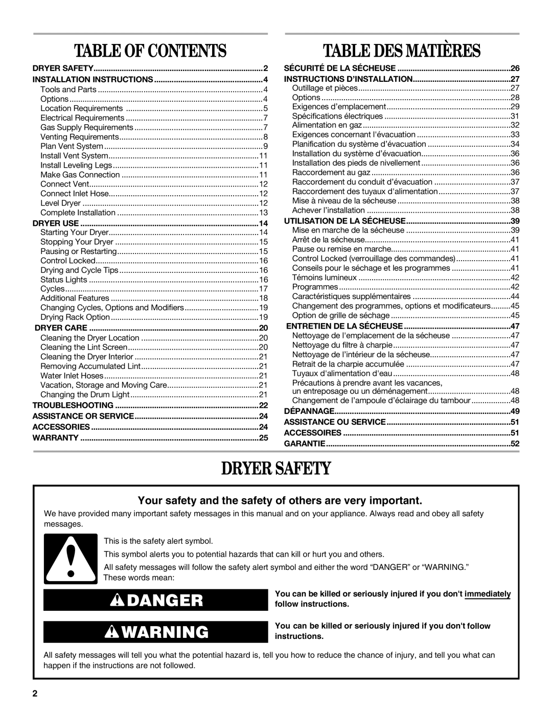 Whirlpool W10136970C manual Dryer Safety, Table of Contents 