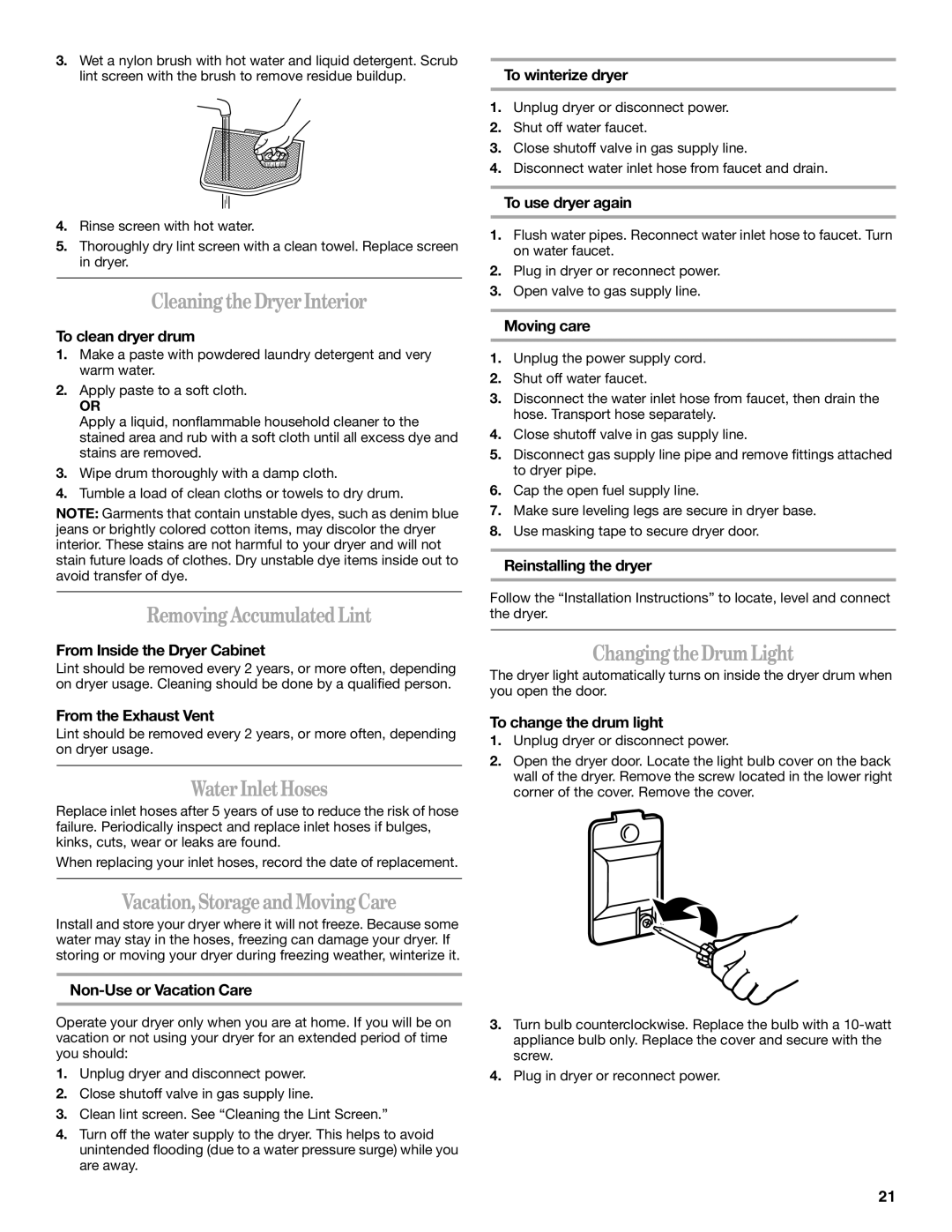 Whirlpool W10136970C CleaningtheDryerInterior, RemovingAccumulatedLint, WaterInletHoses, Vacation,StorageandMovingCare 