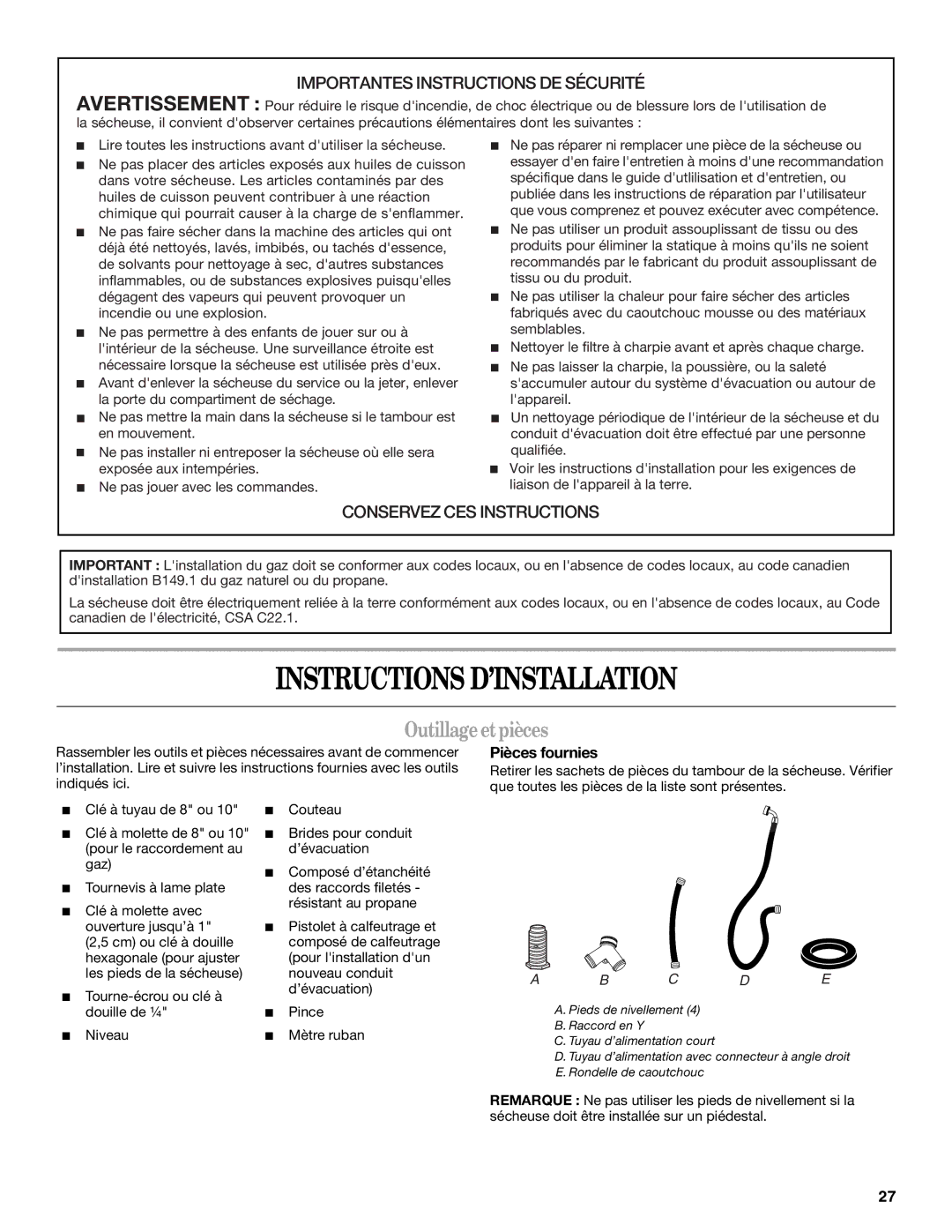 Whirlpool W10136970C manual Instructions D’INSTALLATION, Outillageetpièces, Pièces fournies 