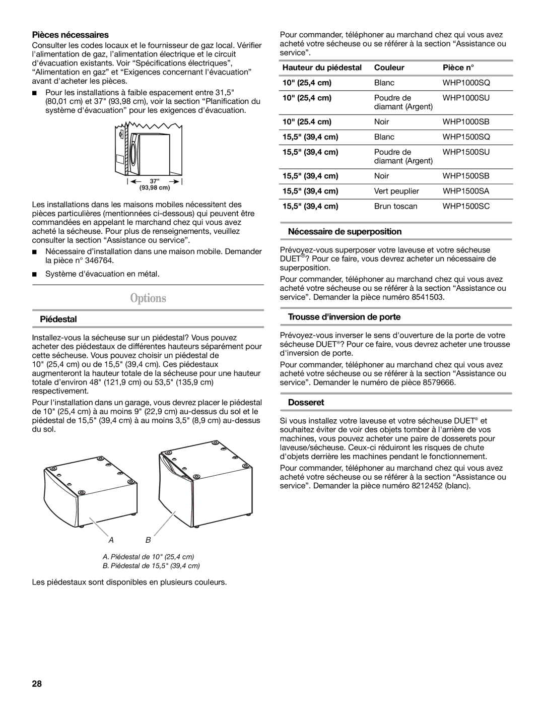 Whirlpool W10136970C Pièces nécessaires, Piédestal, Nécessaire de superposition, Trousse dinversion de porte, Dosseret 