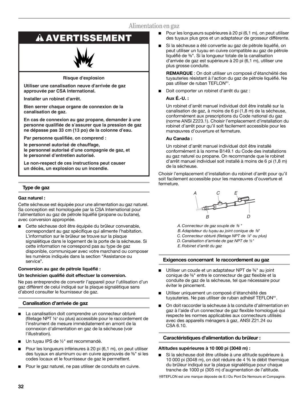 Whirlpool W10136970C manual Alimentationengaz, Type de gaz, Exigences concernant le raccordement au gaz 