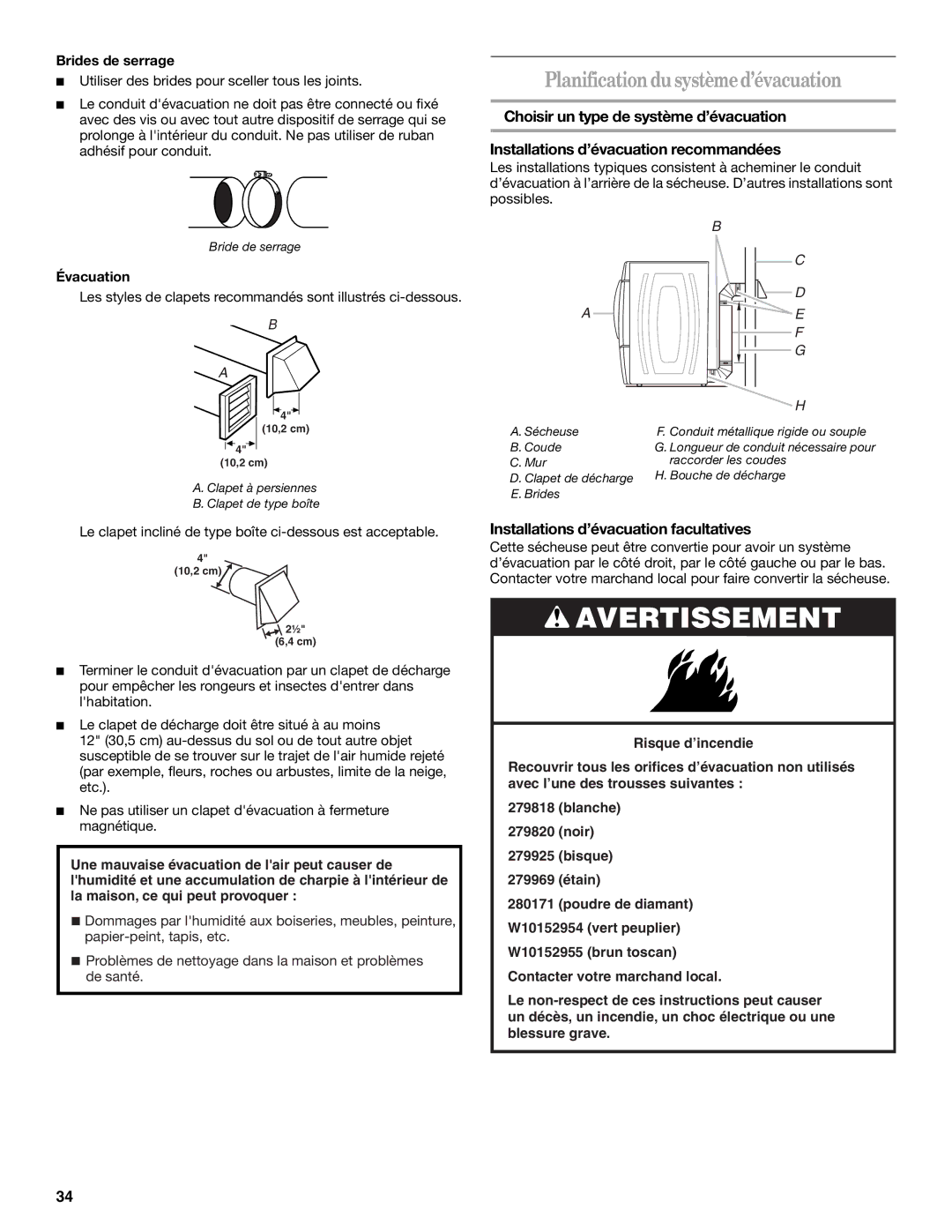 Whirlpool W10136970C manual Planificationdusystèmed’évacuation, Installations d’évacuation facultatives, Brides de serrage 