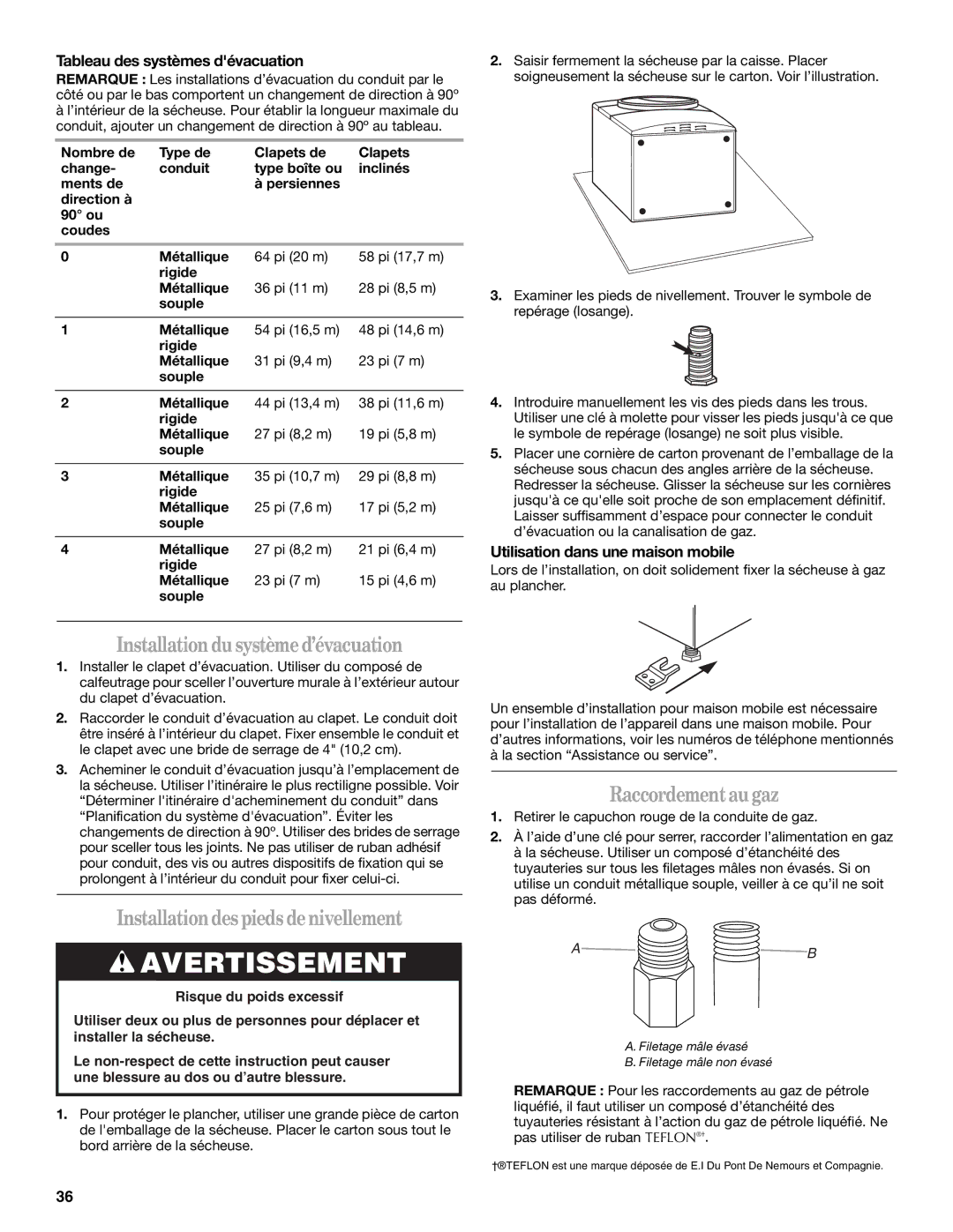 Whirlpool W10136970C manual Installationdusystèmed’évacuation, Installationdespiedsdenivellement, Raccordementaugaz 