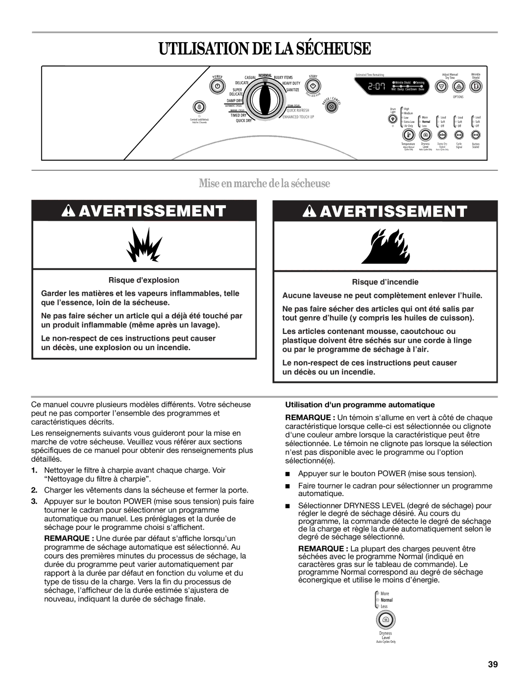 Whirlpool W10136970C manual Utilisation DE LA Sécheuse, Miseenmarchedelasécheuse, Utilisation dun programme automatique 