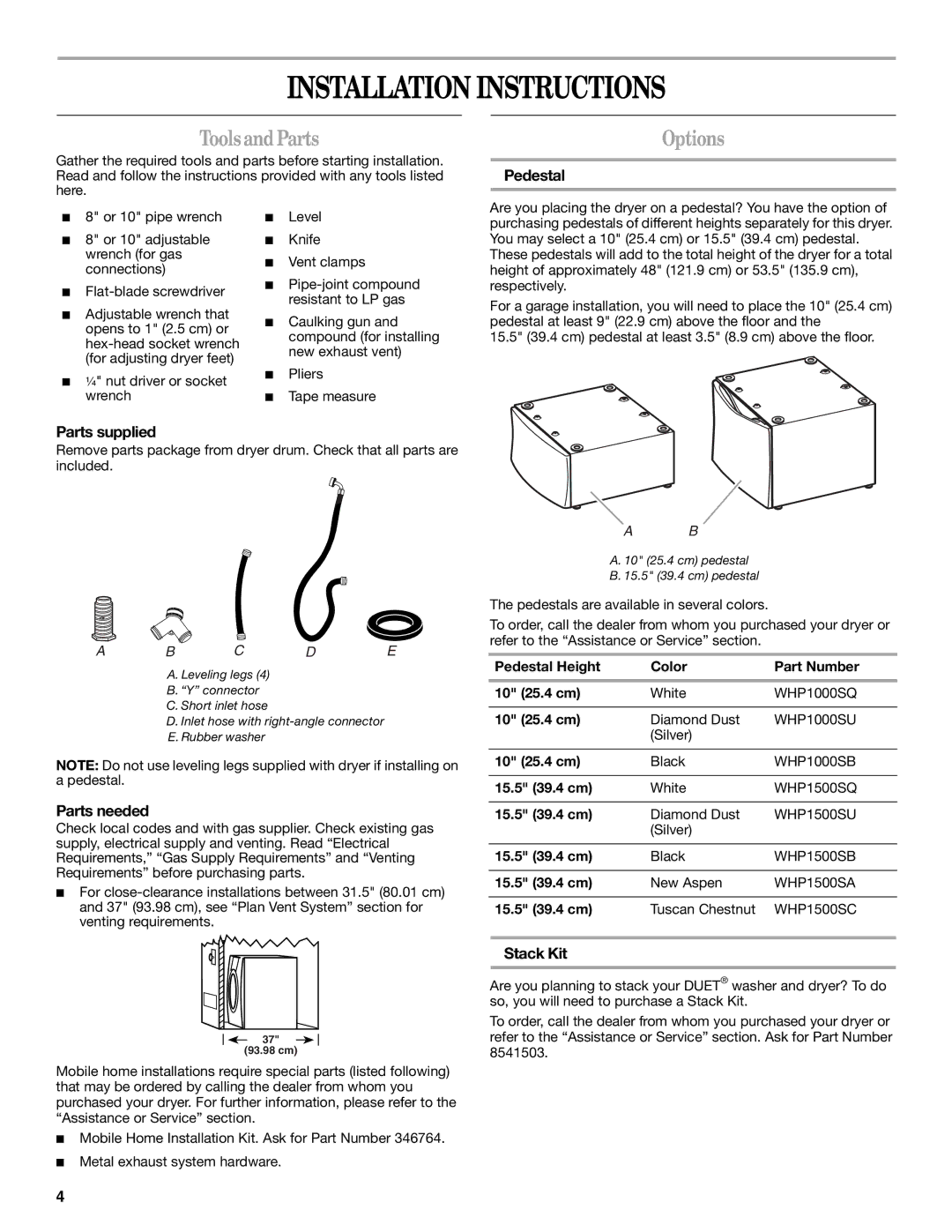 Whirlpool W10136970C manual Installation Instructions, ToolsandParts, Options 