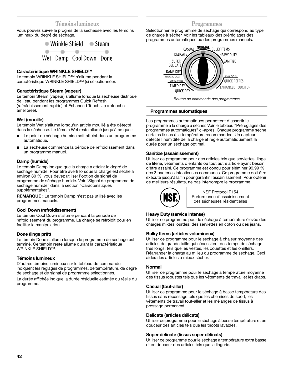 Whirlpool W10136970C manual Témoins lumineux, Programmes 