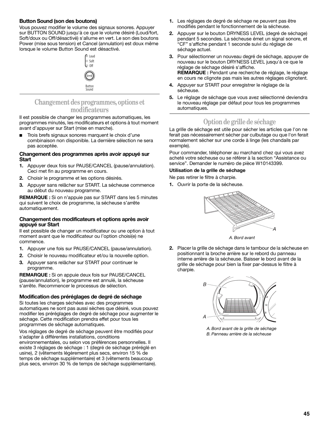 Whirlpool W10136970C manual Changementdesprogrammes,optionset Modificateurs, Optiondegrilledeséchage 