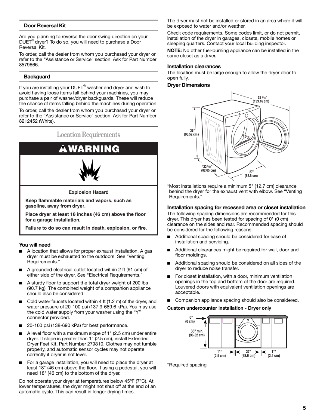 Whirlpool W10136970C manual LocationRequirements 