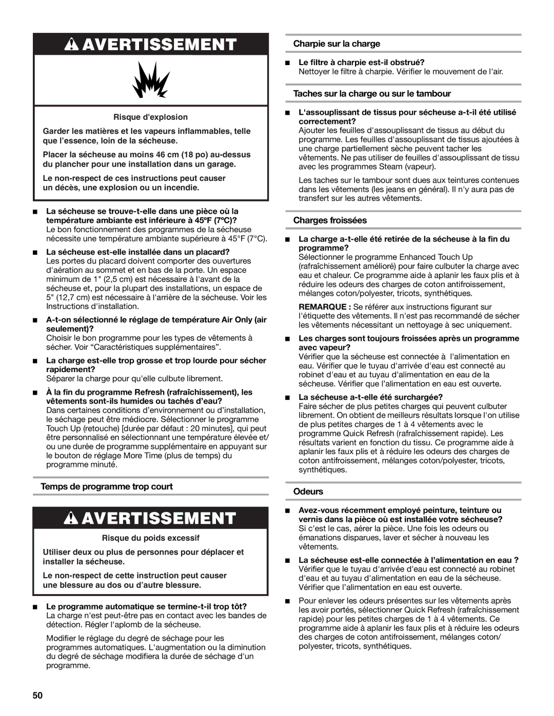 Whirlpool W10136970C Temps de programme trop court, Charpie sur la charge, Taches sur la charge ou sur le tambour, Odeurs 